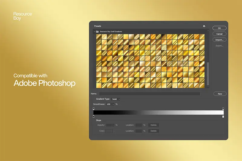 Gold Photoshop Graidnetsを読み込んだ様子。瞬時にグラデーションを変更、編集できるのは強み。