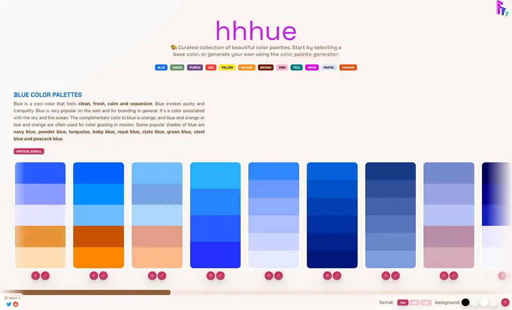 hhhue curated collection of beatiful color palettes