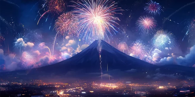 富士山に打ち上がる美しい花火の夜景