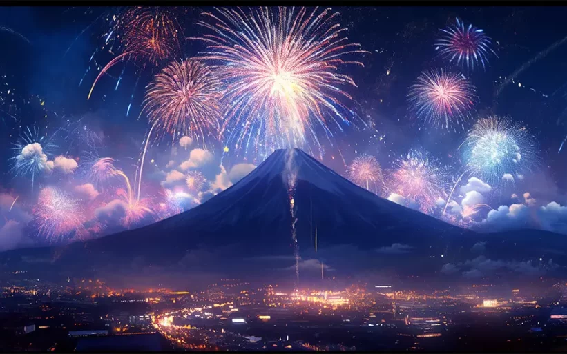 富士山に打ち上がる美しい花火の夜景