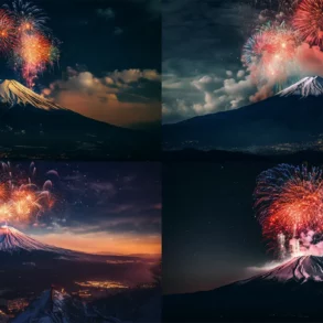 花火が上空で打ち上がった富士山